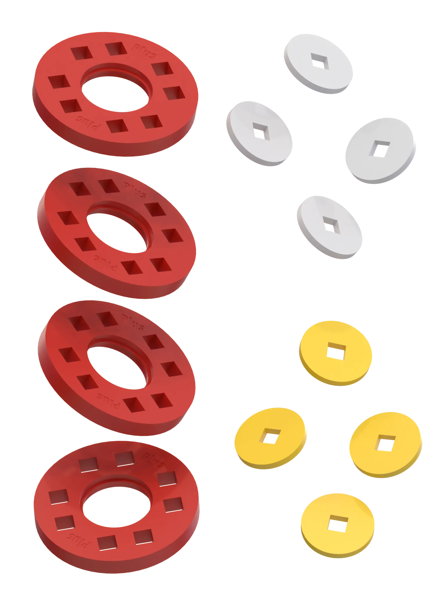 Hjul – 4 Röda hjul med 4 vita och 4 gula navkapslar